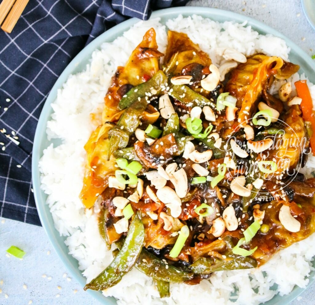 Dumplings með hvítlauks hunangssósu og grænmeti