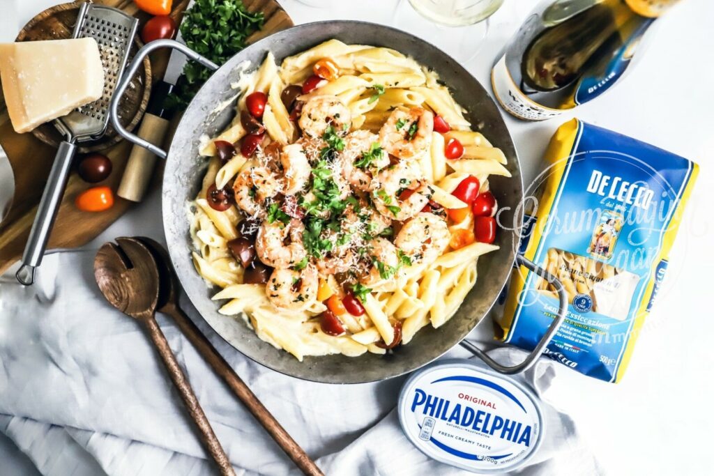 Alfredo pasta með tígrisrækjum og rjómaosti