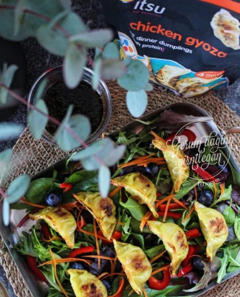Litríkt salat með dumplings og japanskri dressingu